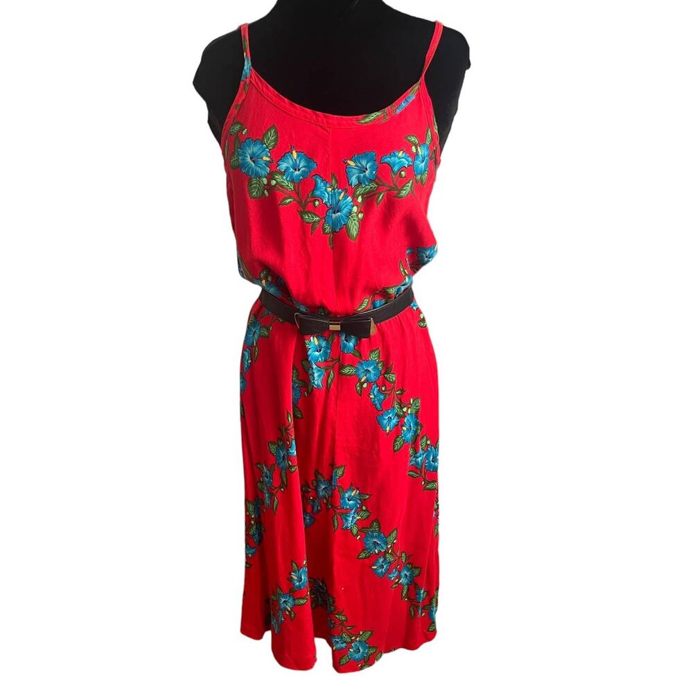 Vintage Young Hawaii Red Blue Hibiscus Tropical Flowy Dress Med Large Tiki Beach